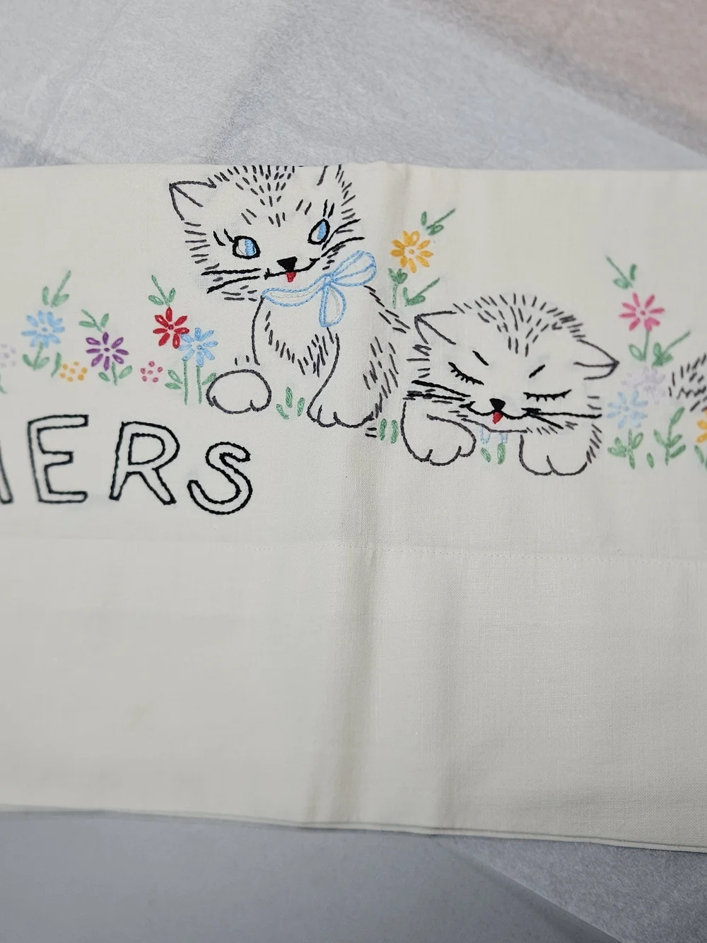 Vintage Pair Embroidered 'His' and 'Hers' Kitten Cat  Pillowcases